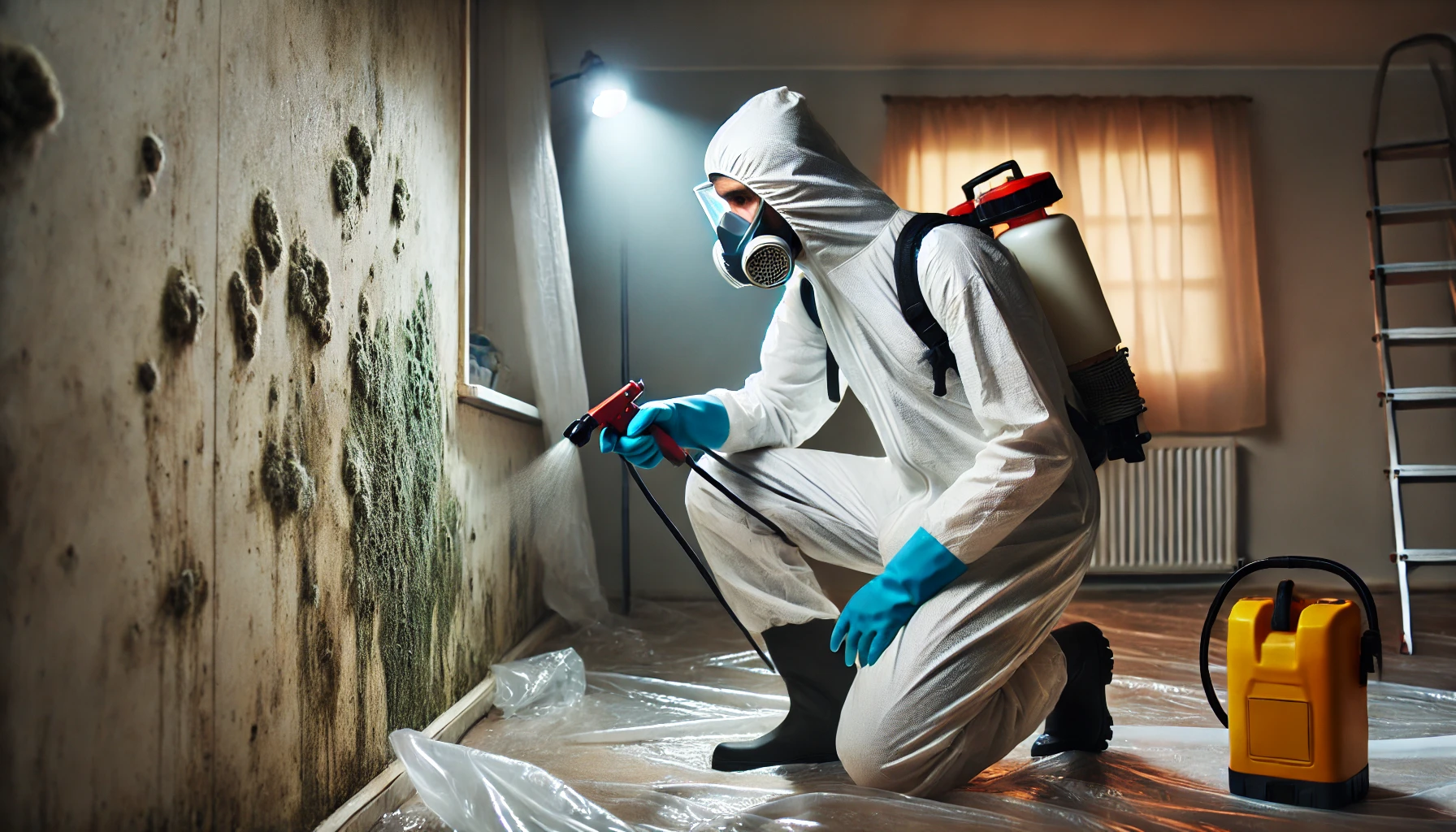 Mold Cleanup 1 DALL·E 2024 09 13 21.38.53 A mold remediation technician wearing protective gear including a face mask and gloves carefully working in a residential space. The setting is a ro