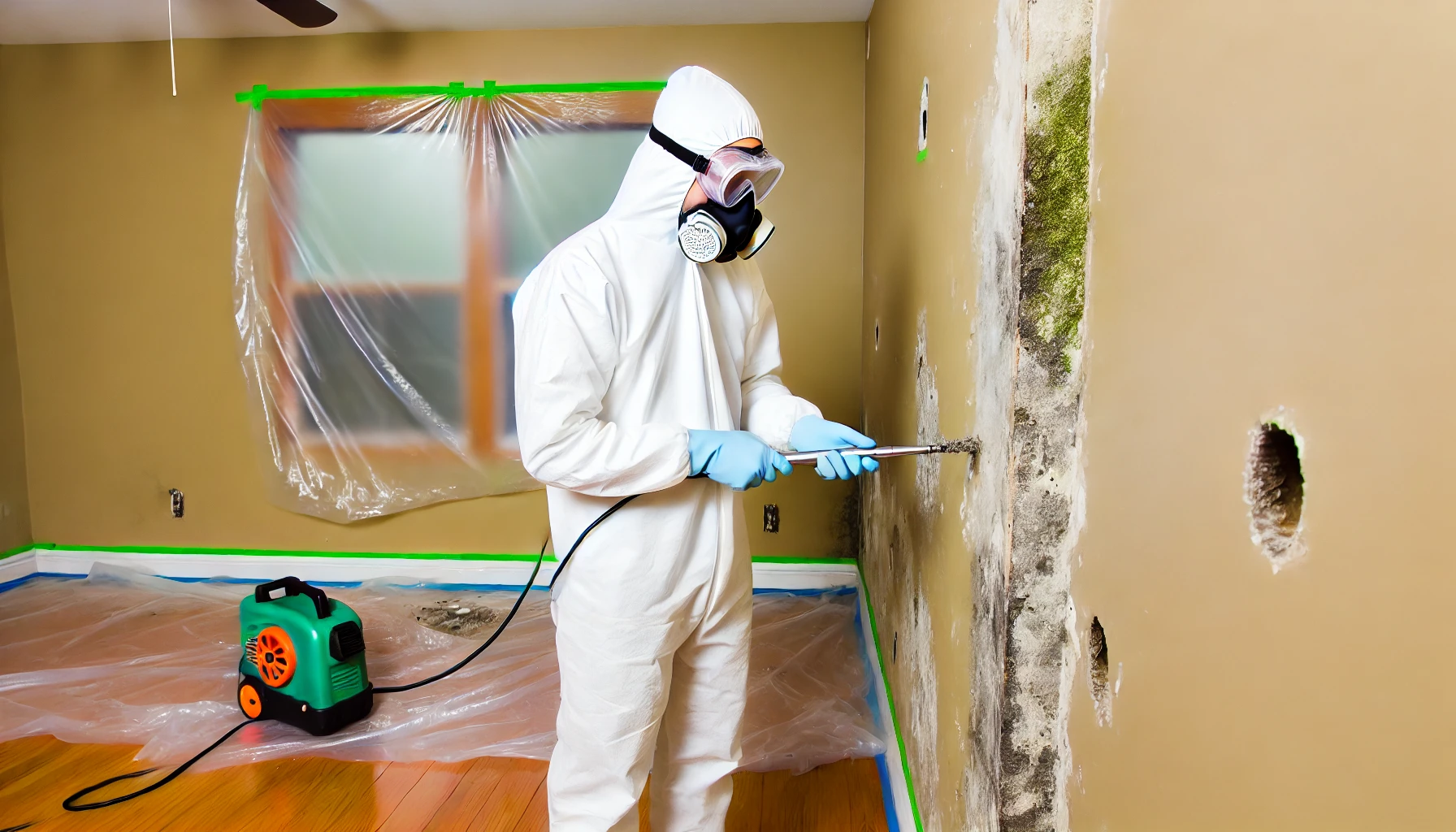 DALL·E 2024 09 13 21.39.22 A mold remediation technician working in a residential home. The technician is wearing protective gear including a white hazmat suit gloves goggles