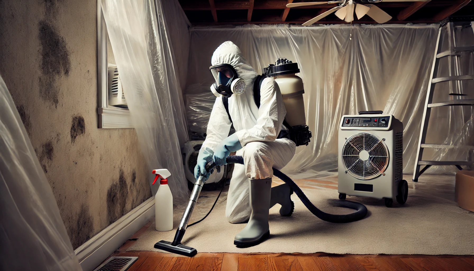 DALL·E 2024 09 13 21.40.21 A mold remediation technician working in a home. The technician is wearing full protective gear including a white suit gloves boots and a respirat