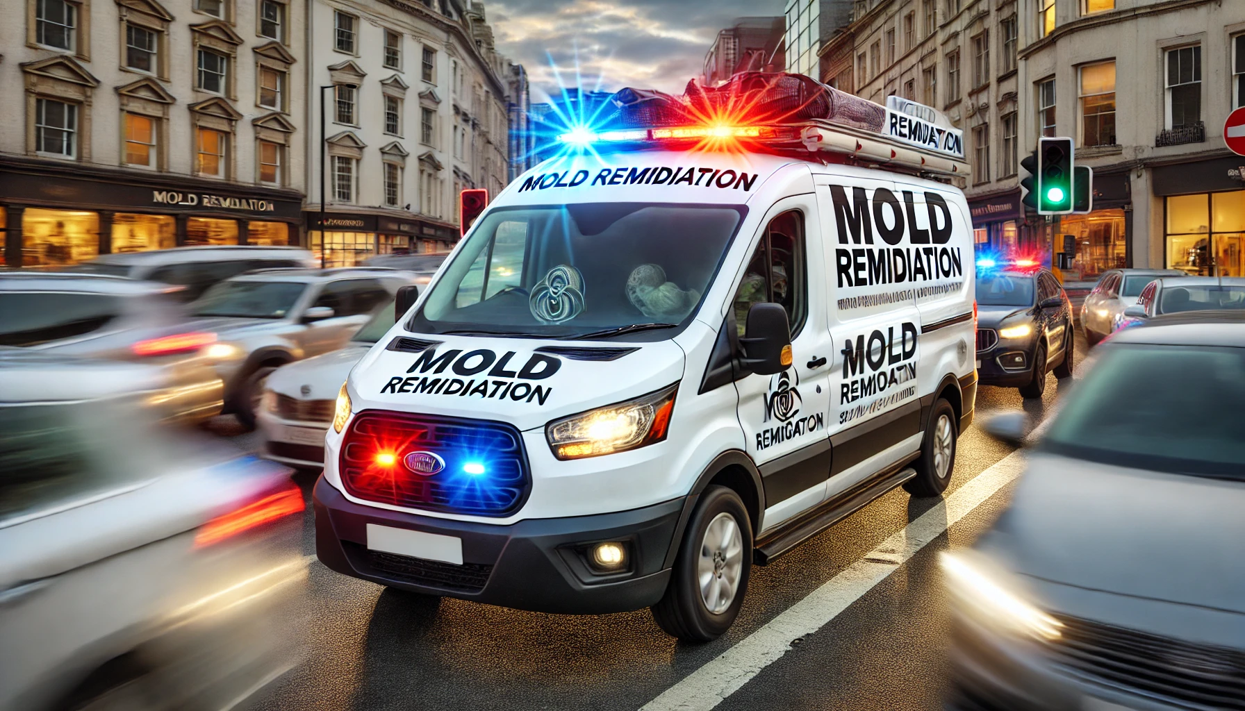 DALL·E 2024 09 14 22.42.42 A mold remediation van with flashing sirens speeding through traffic on a busy city street. The van has bold Mold Remediation branding on the side