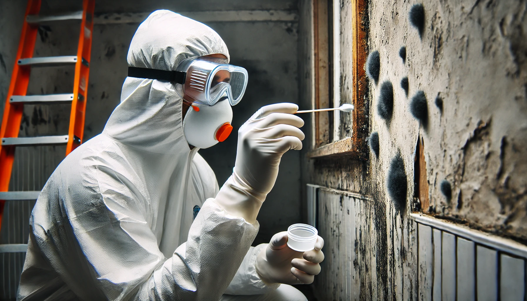 DALL·E 2024 09 14 22.50.14 An image showing a person in professional mold remediation attire including a white hazmat suit safety goggles and gloves swabbing black mold from