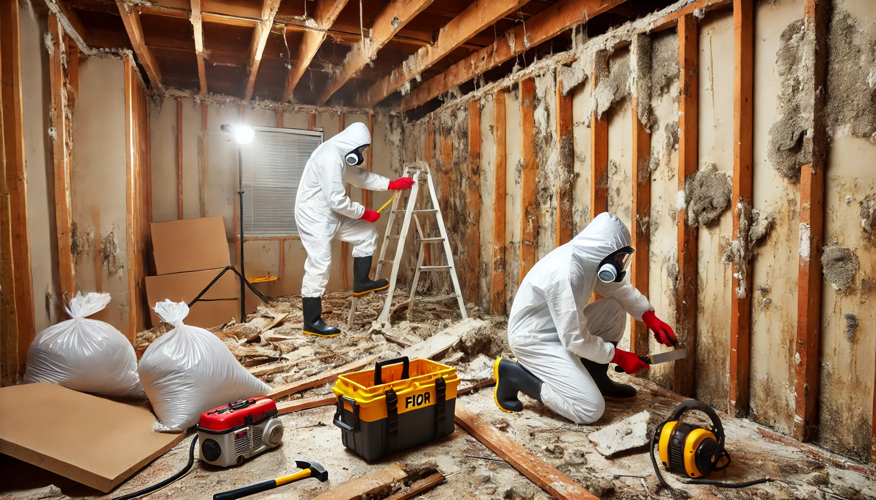 DALL·E 2024 09 14 22.54.06 An image showcasing a mold mitigation process in a residential home. The scene includes a team of two professionals in protective gear including whit