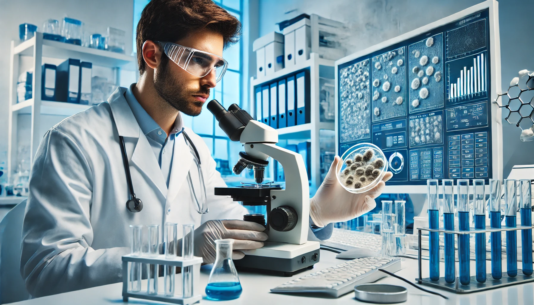 DALL·E 2024 09 14 23.04.29 An image showing a laboratory technician in a clean well equipped laboratory setting running a test on a mold sample. The technician wearing a whit