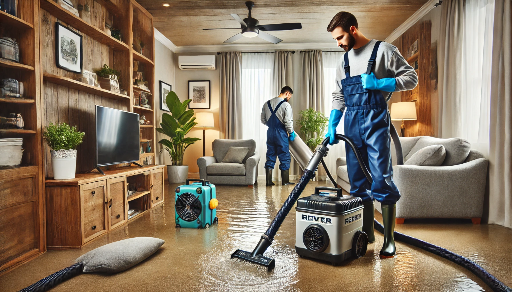 DALL·E 2024 09 14 23.19.39 An image depicting a water damage restoration process in a flooded home. The scene shows two professionals in blue waterproof overalls equipped with
